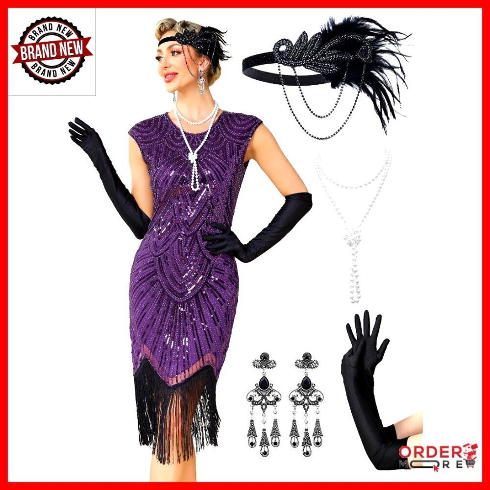 Sequin Fringed Flapper Dress with Accessories Set 1920s Gatsby Costume